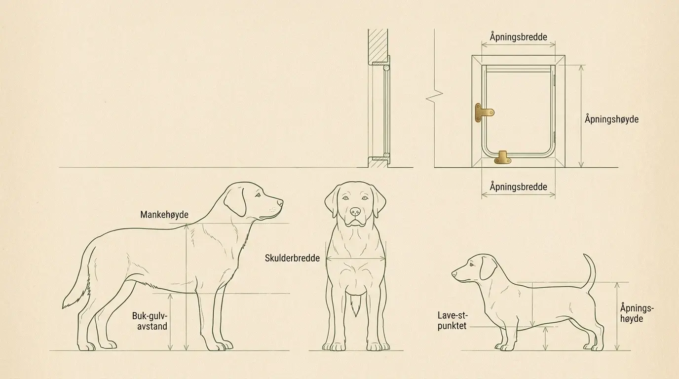 Teknisk tegning som viser hvor mankehøyde, skulderbredde og buk-gulv-avstand måles på hund, ved siden av åpningsbredde og åpningshøyde på en hundeluke i snitt